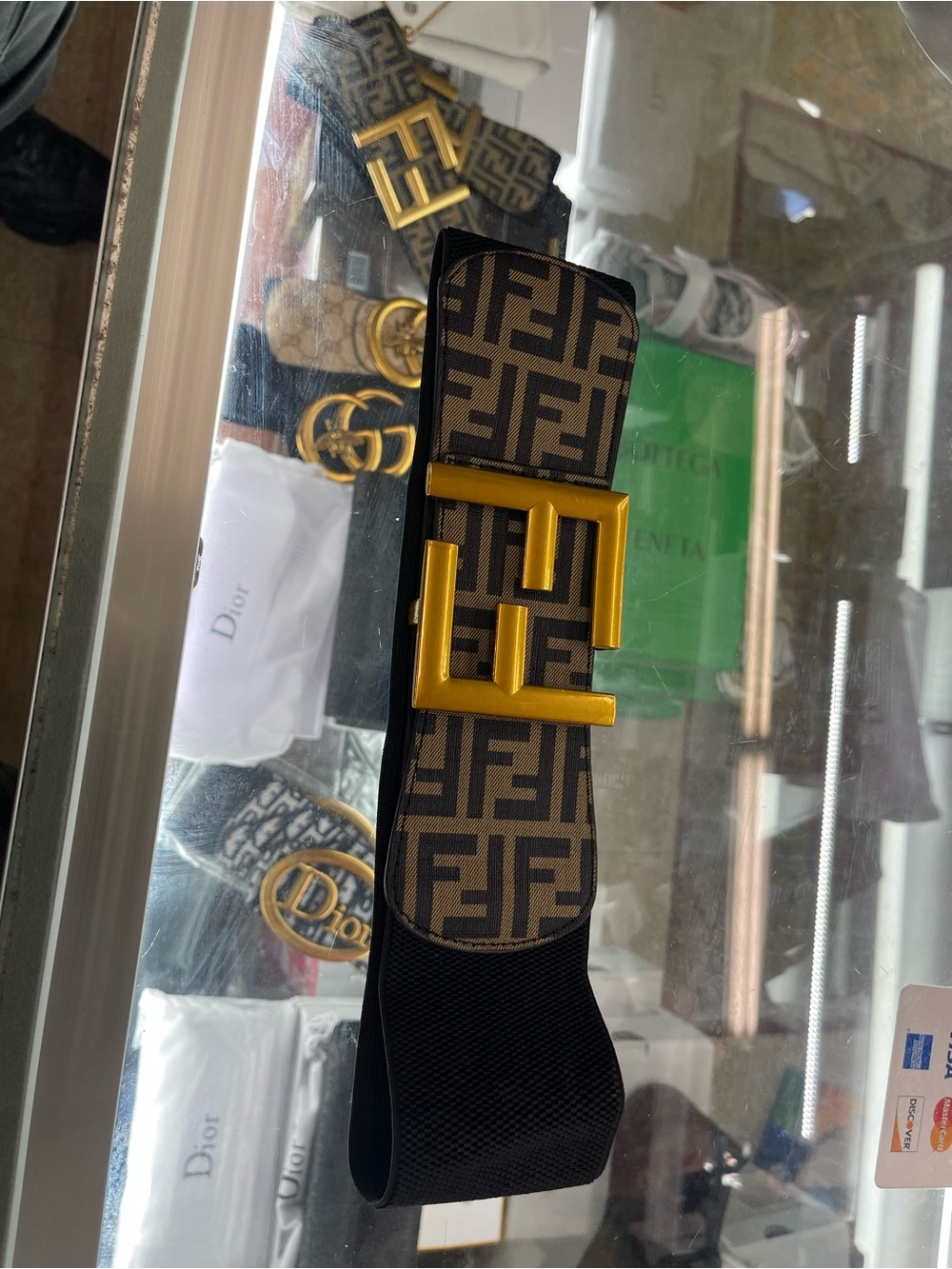 Fendi Brown Logo Elastic Belt with Gold FF Buckle